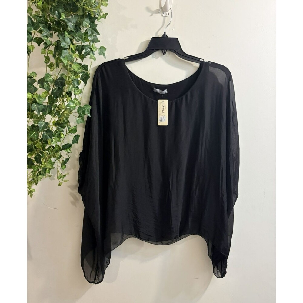 Pura Seta Silk Asymmetrical Bat-wing Tunic One Size Black Lagenlook Italy Made